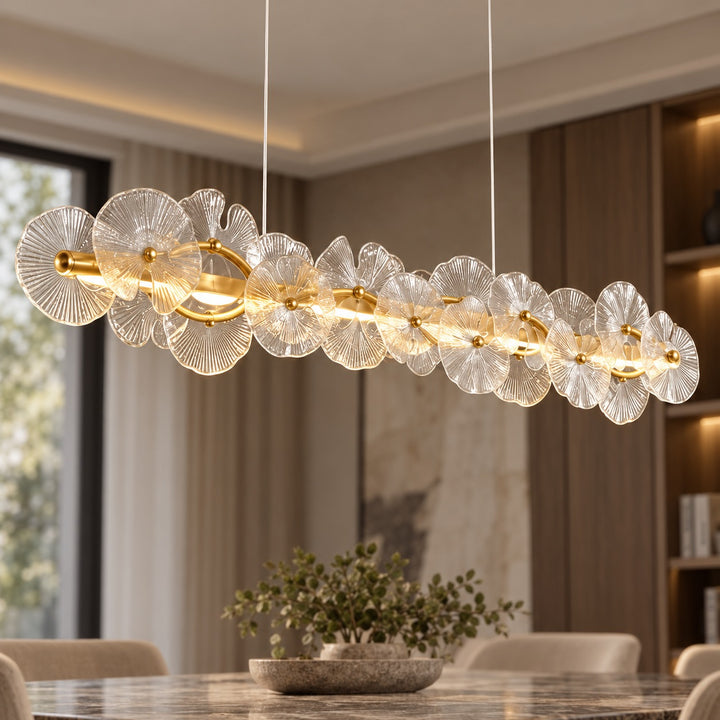 Modern Linear Chandelier Hanging Gold Metal and Glass Floral Design LED Light Fixture