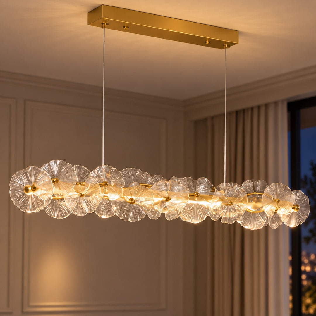 Modern Linear Chandelier Hanging Gold Metal and Glass Floral Design LED Light Fixture