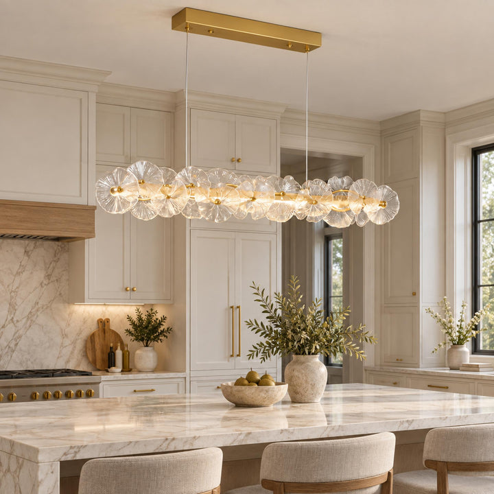 Modern Linear Chandelier Hanging Gold Metal and Glass Floral Design LED Light Fixture