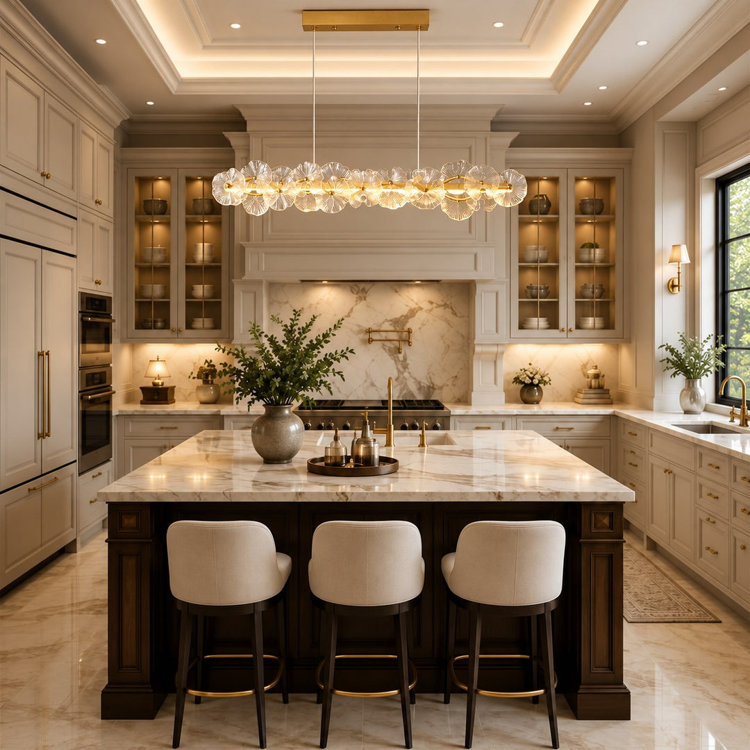 Modern Linear Chandelier Hanging Gold Metal and Glass Floral Design LED Light Fixture