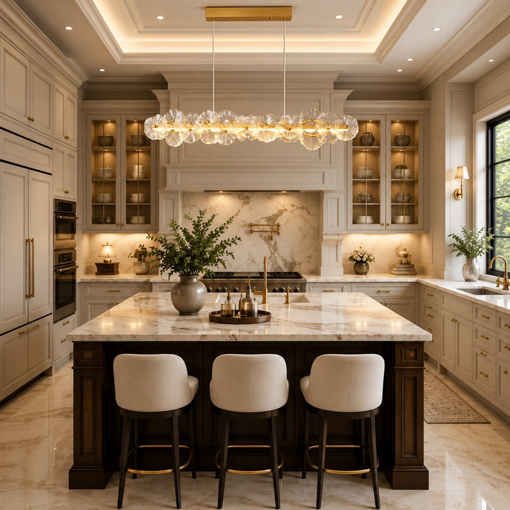 Modern Linear Chandelier Hanging Gold Metal and Glass Floral Design LED Light Fixture