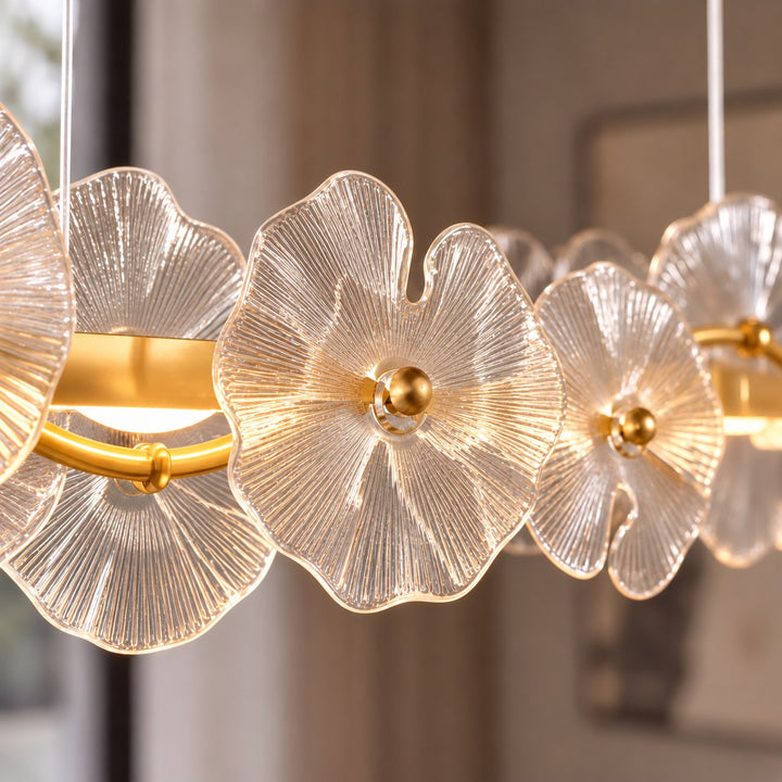 Modern Linear Chandelier Hanging Gold Metal and Glass Floral Design LED Light Fixture