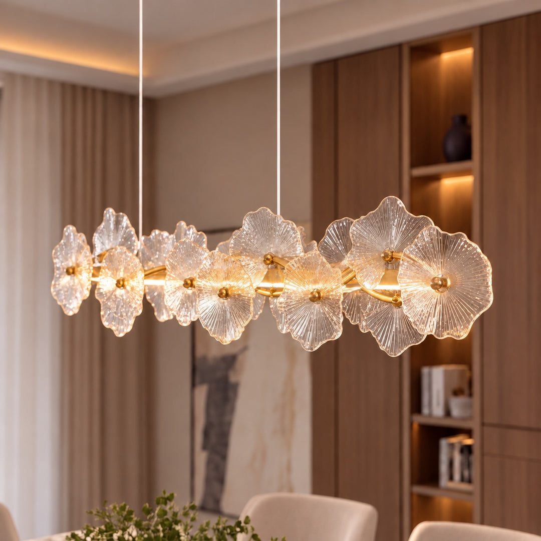 Modern Linear Chandelier Hanging Gold Metal and Glass Floral Design LED Light Fixture