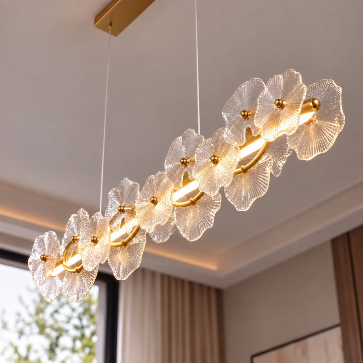 Modern Linear Chandelier Hanging Gold Metal and Glass Floral Design LED Light Fixture