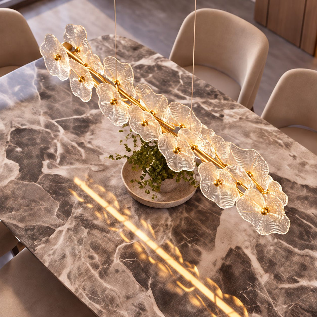 Modern Linear Chandelier Hanging Gold Metal and Glass Floral Design LED Light Fixture