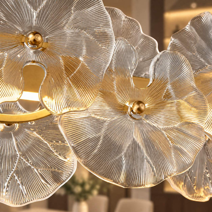 Modern Linear Chandelier Hanging Gold Metal and Glass Floral Design LED Light Fixture