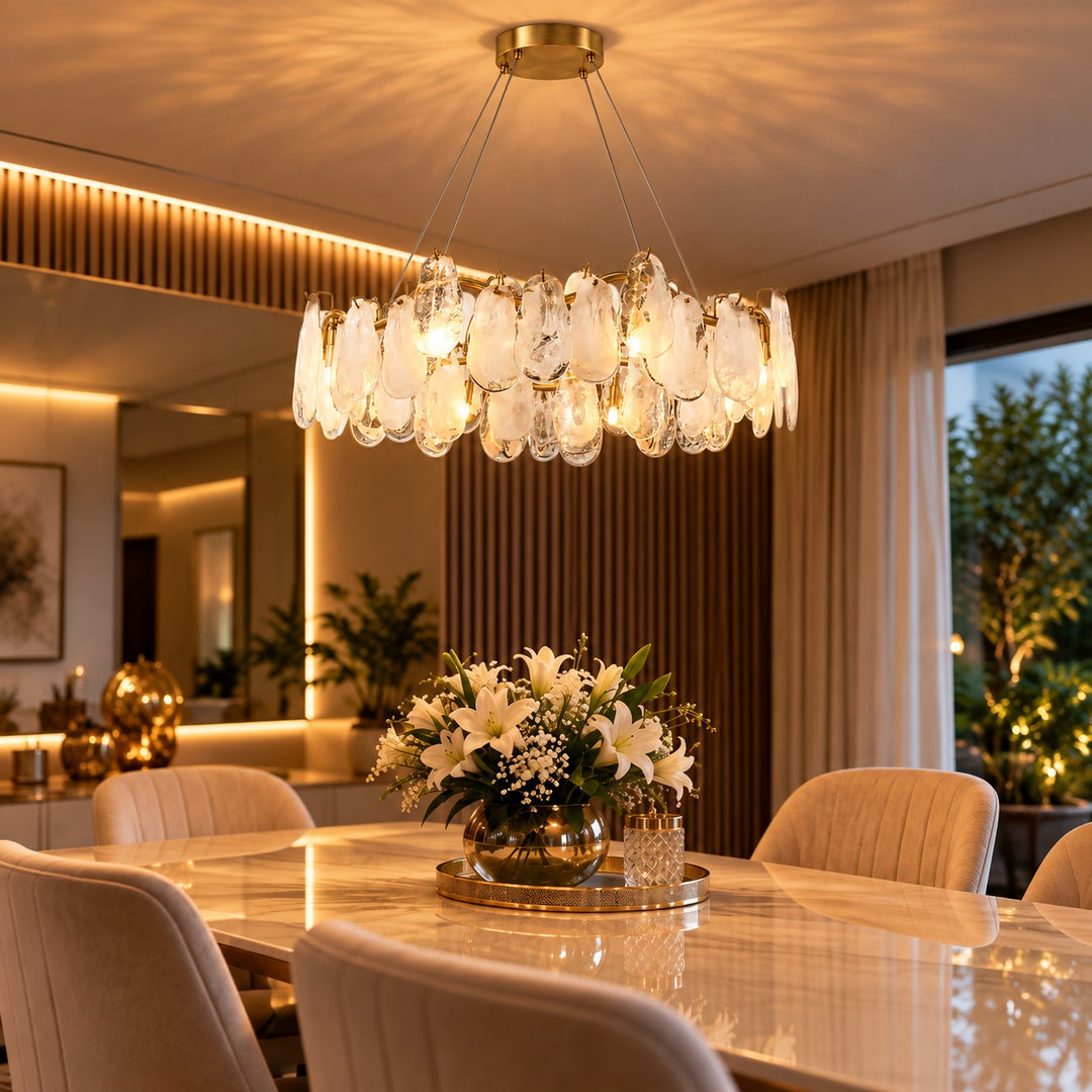 Modern Chandelier Adjustable Eight Light Hanging Fixture Gold Glass for Dining Room Lighting