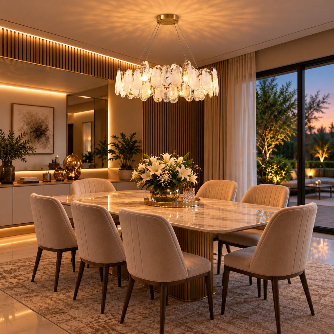 Modern Chandelier Adjustable Eight Light Hanging Fixture Gold Glass for Dining Room Lighting