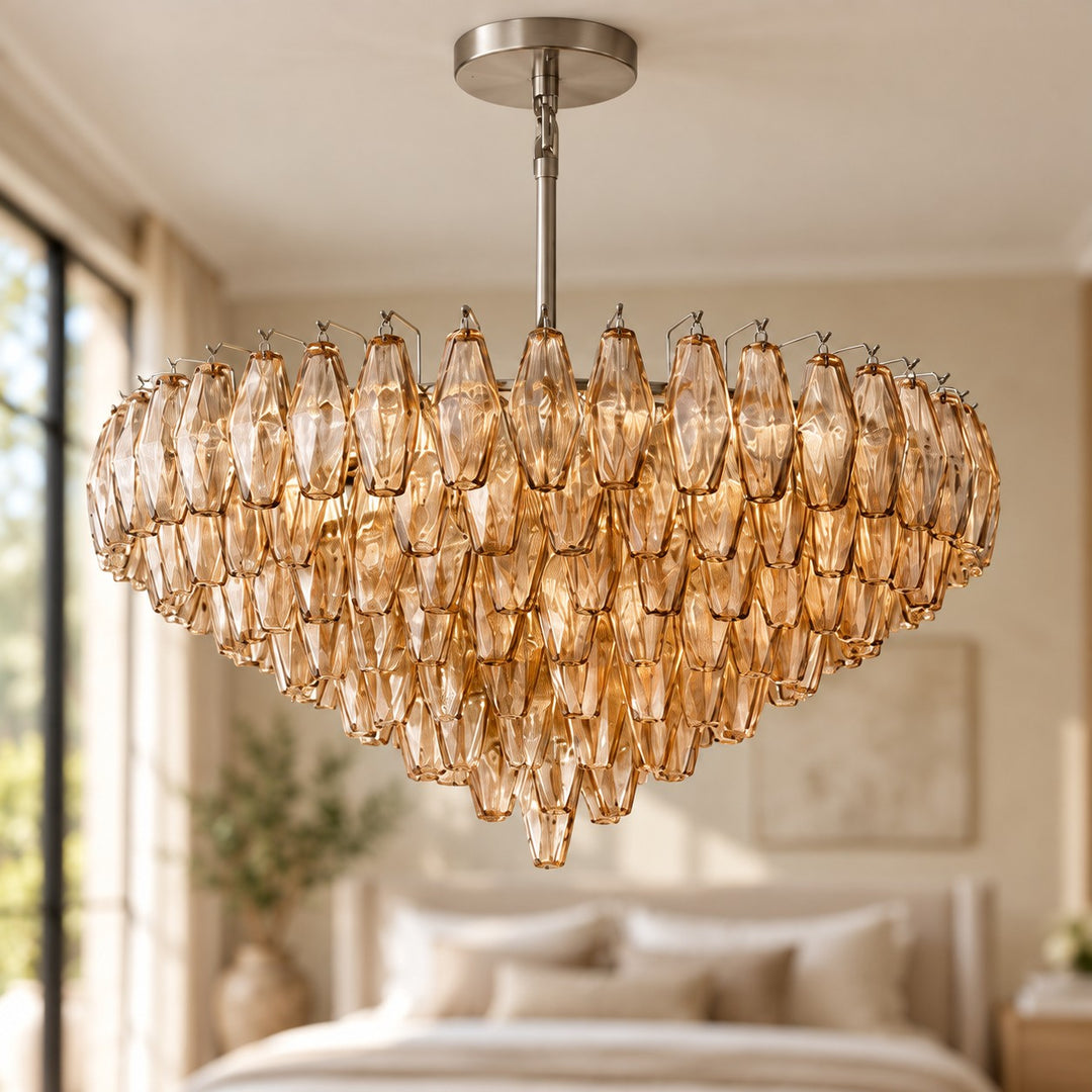 Modern Multi-Tier Crystal Chandelier Hanging Metal Frame Adjustable Height with Hand-Cut Glass Prisms