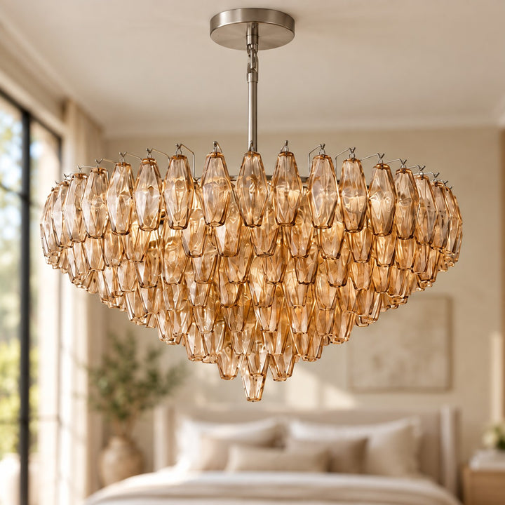 Modern Multi-Tier Crystal Chandelier Hanging Metal Frame Adjustable Height with Hand-Cut Glass Prisms