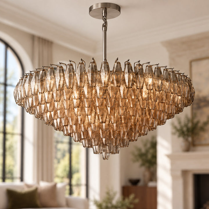 Modern Multi-Tier Crystal Chandelier Hanging Metal Frame Adjustable Height with Hand-Cut Glass Prisms