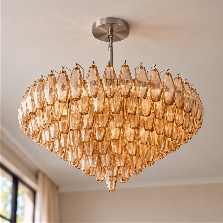 Modern Multi-Tier Crystal Chandelier Hanging Metal Frame Adjustable Height with Hand-Cut Glass Prisms