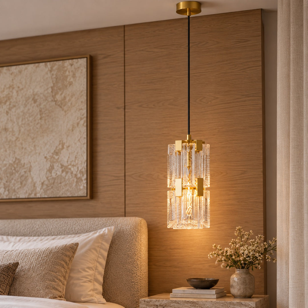Modern Textured Glass Pendant Light with Copper Frame & E14 Bulb