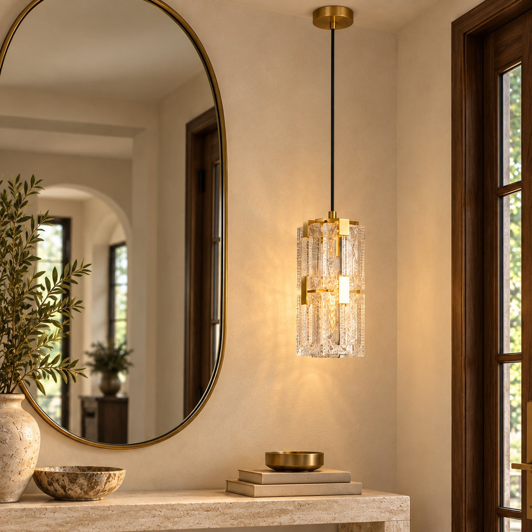 Modern Textured Glass Pendant Light with Copper Frame & E14 Bulb
