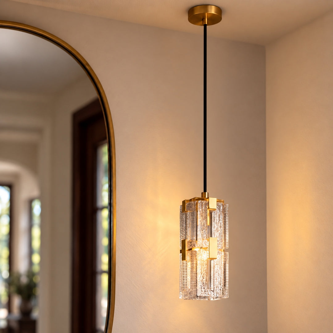 Modern Textured Glass Pendant Light with Copper Frame & E14 Bulb