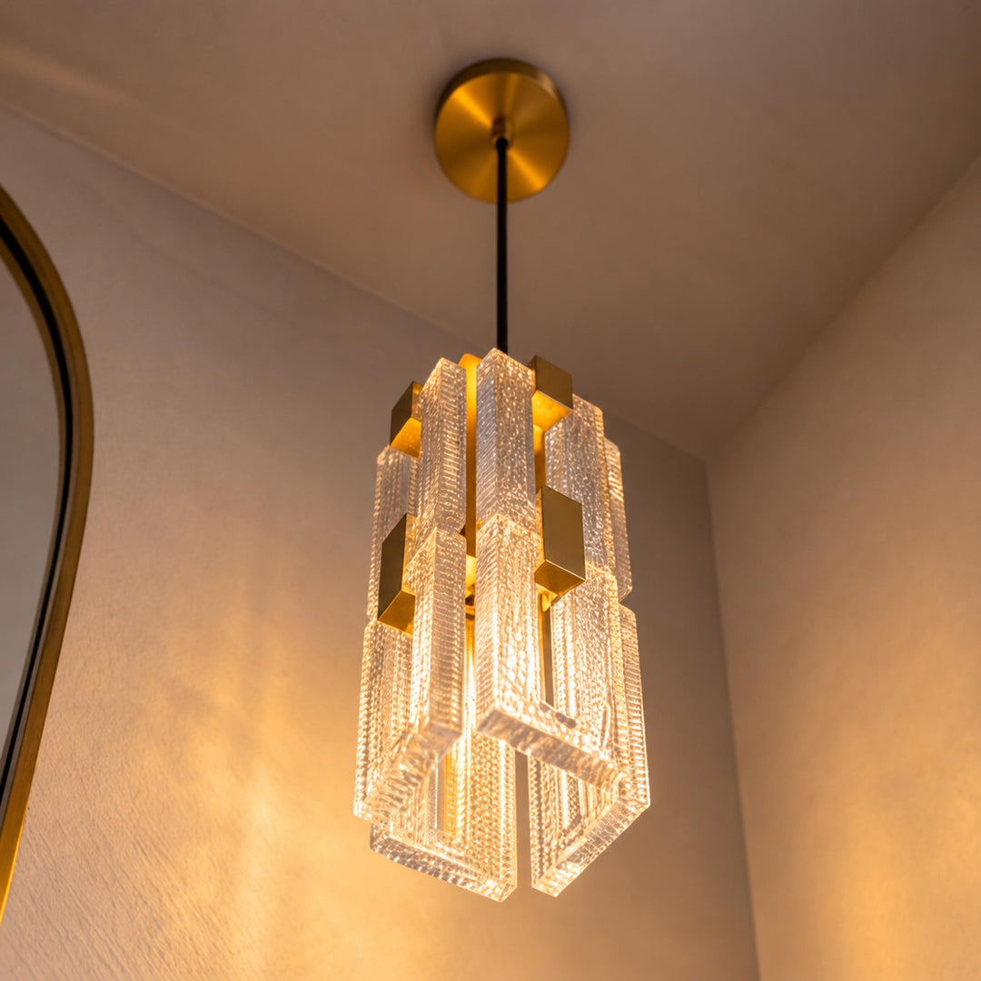 Modern Textured Glass Pendant Light with Copper Frame & E14 Bulb