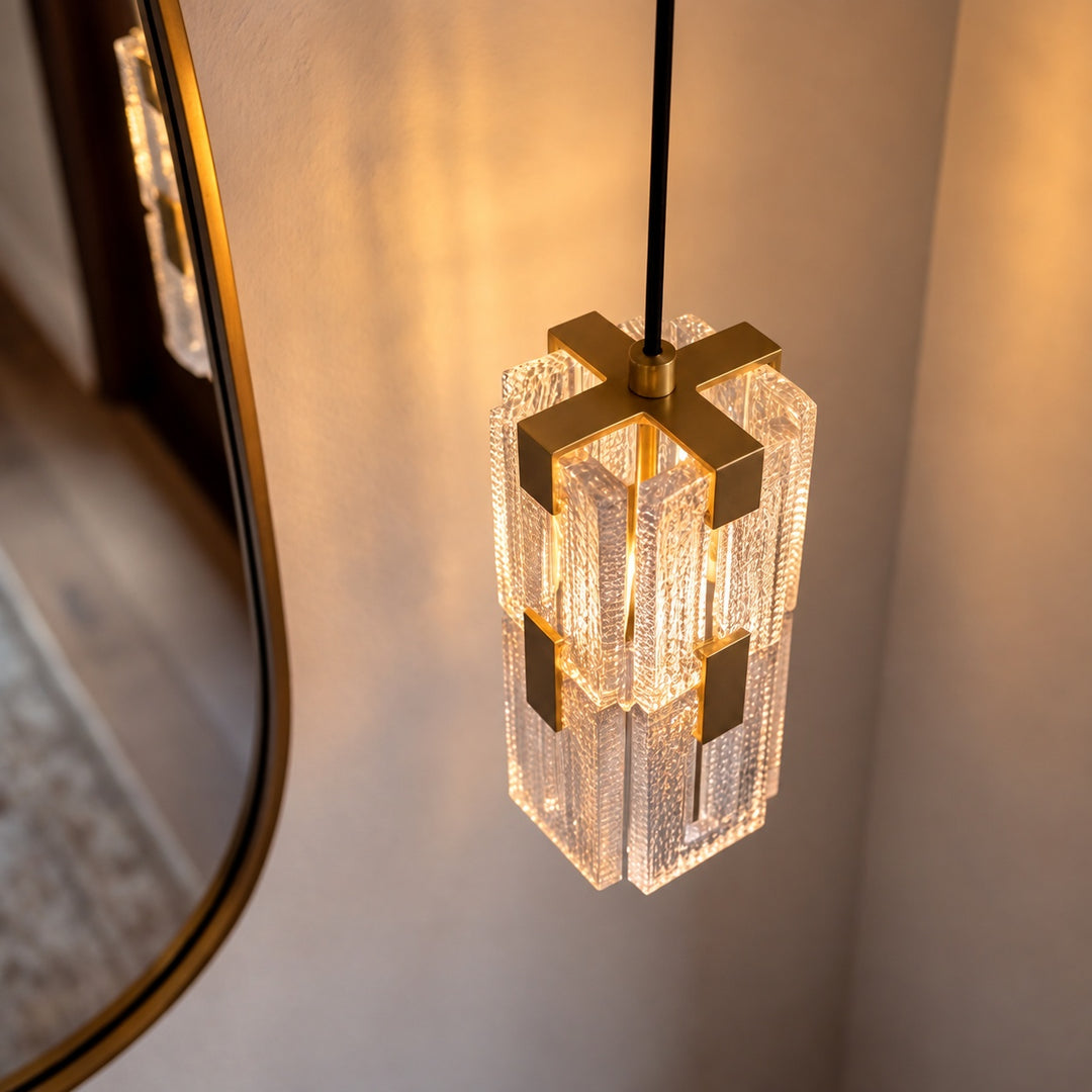 Modern Textured Glass Pendant Light with Copper Frame & E14 Bulb