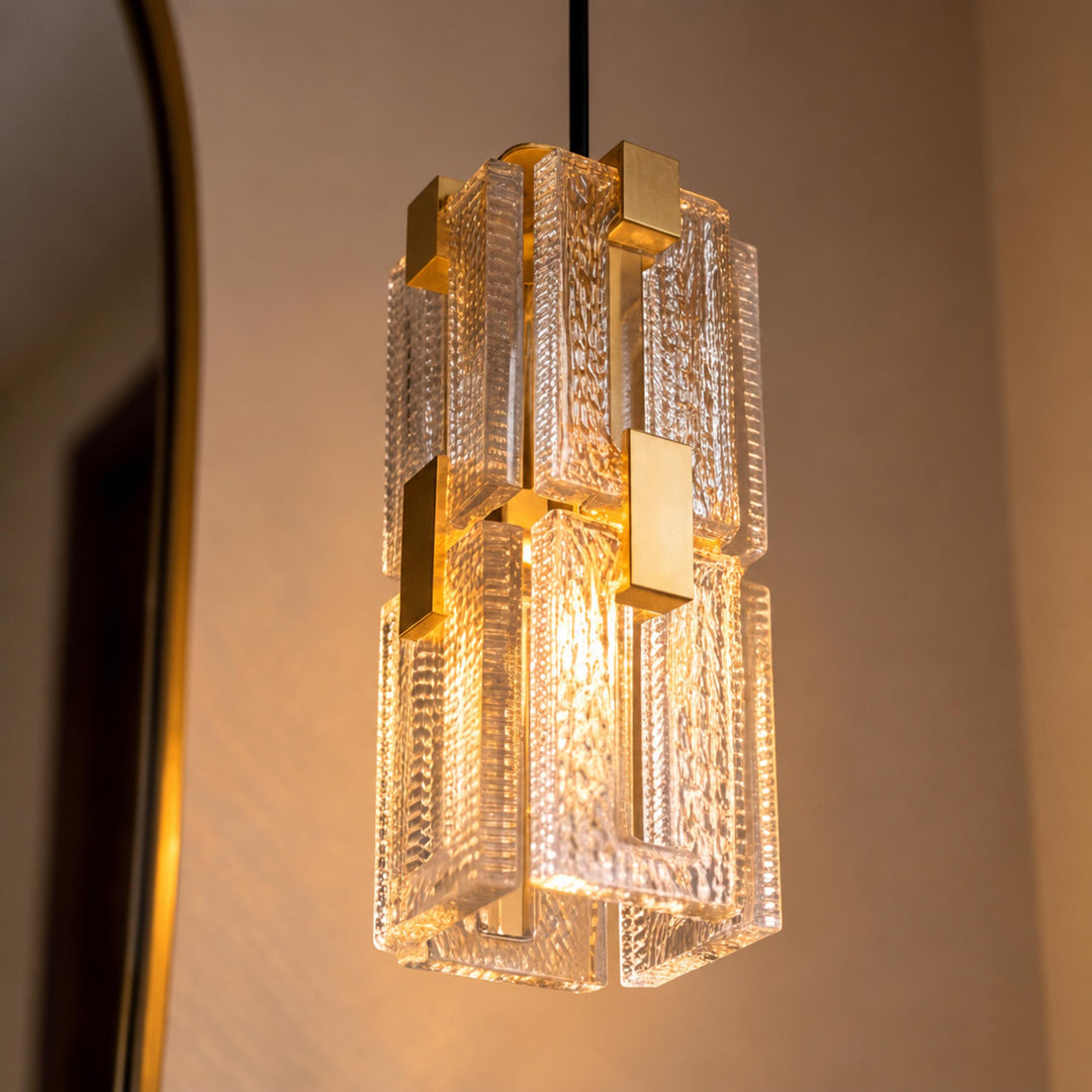 Modern Textured Glass Pendant Light with Copper Frame & E14 Bulb
