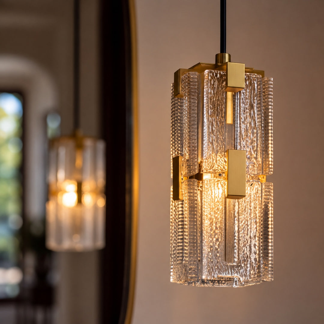 Modern Textured Glass Pendant Light with Copper Frame & E14 Bulb