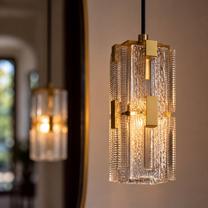 Modern Textured Glass Pendant Light with Copper Frame & E14 Bulb