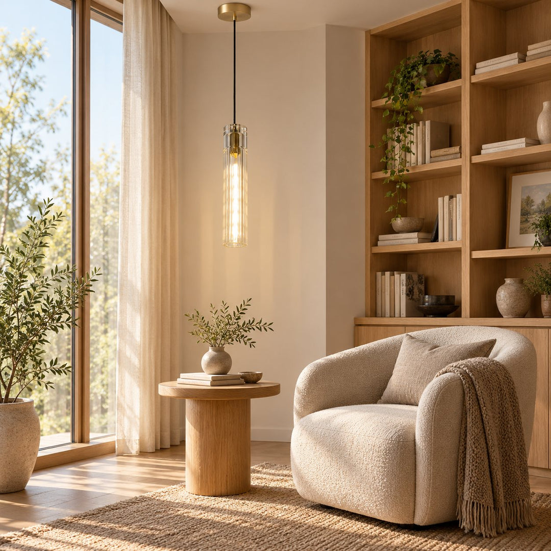 Modern Slim Crystal LED Pendant Light – Copper Cylindrical 3000K Design