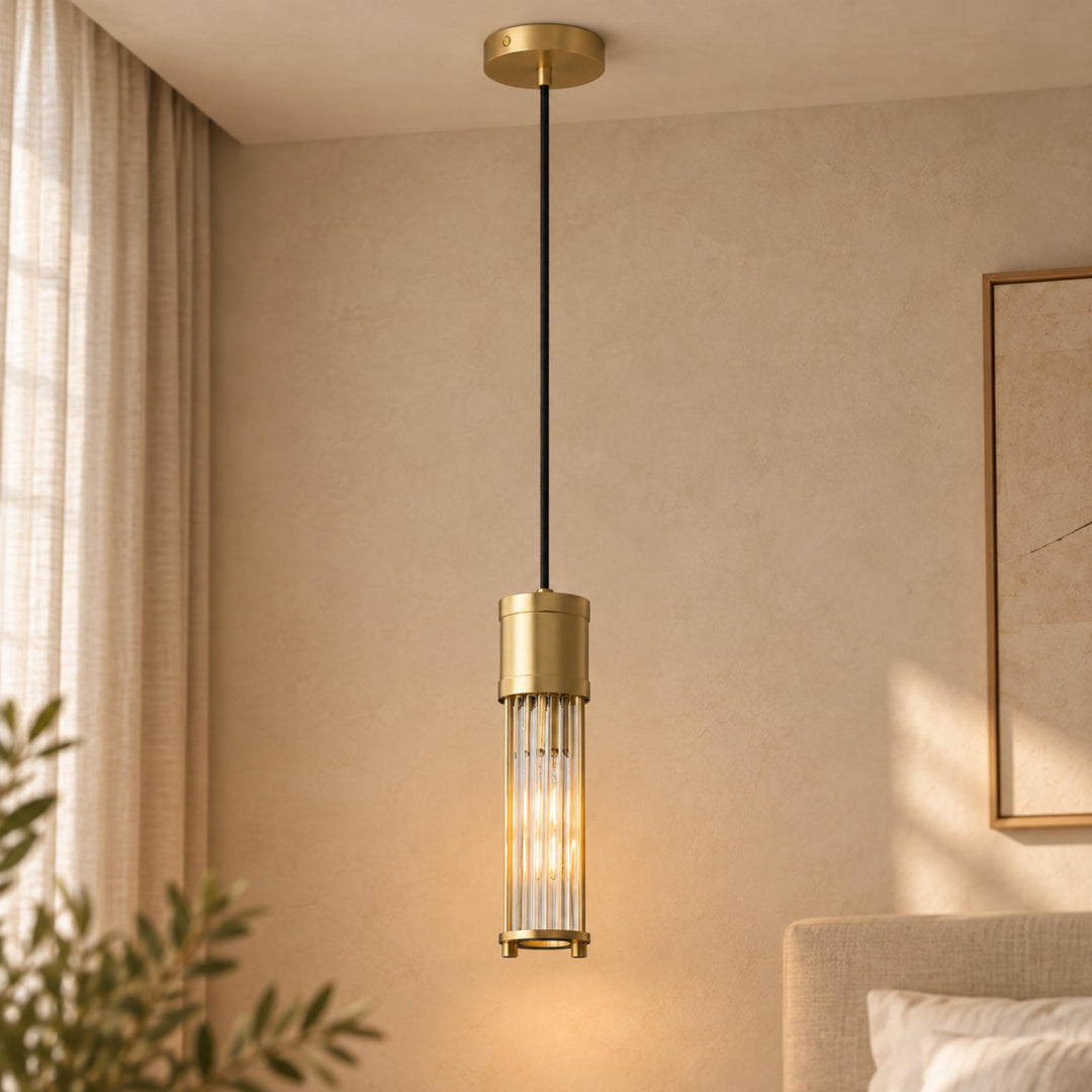 Art Deco Brass & Clear Glass Rod Pendant Light – E14