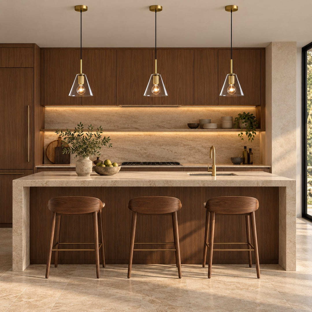 Modern Clear Glass Pendant Light with Natural Brass Finish – E27 Single Pendant