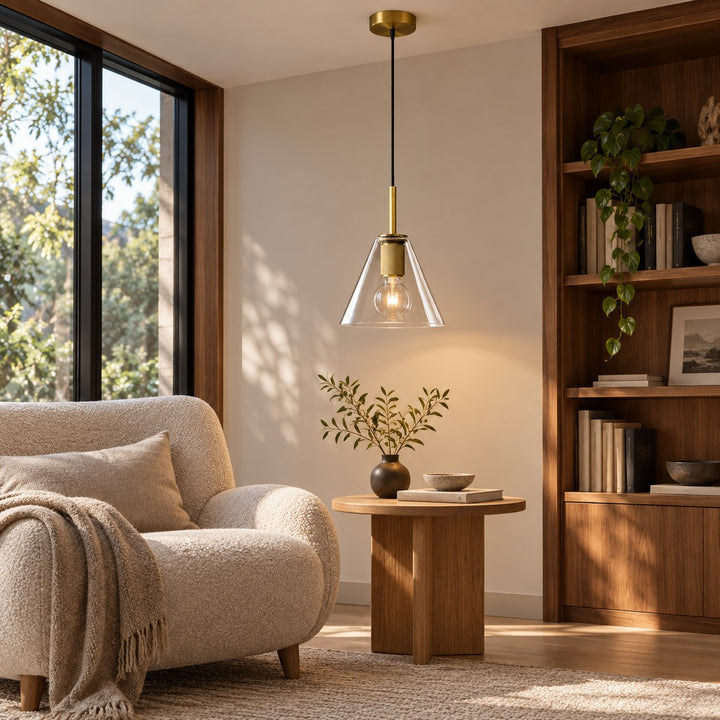 Modern Clear Glass Pendant Light with Natural Brass Finish – E27 Single Pendant