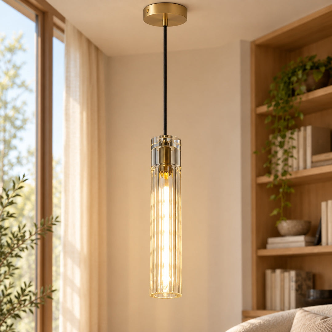 Modern Slim Crystal LED Pendant Light – Copper Cylindrical 3000K Design