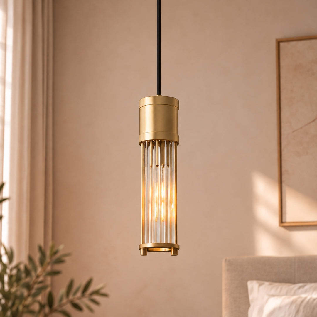 Art Deco Brass & Clear Glass Rod Pendant Light – E14