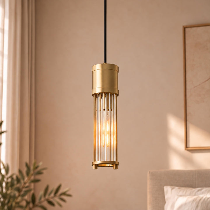 Art Deco Brass & Clear Glass Rod Pendant Light – E14