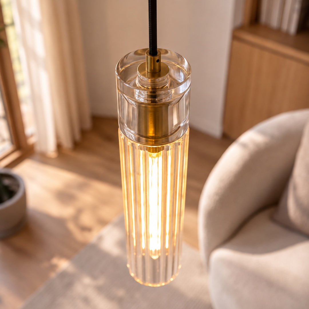 Modern Slim Crystal LED Pendant Light – Copper Cylindrical 3000K Design