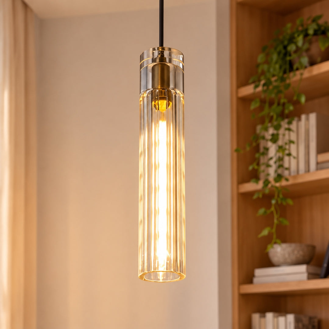 Modern Slim Crystal LED Pendant Light – Copper Cylindrical 3000K Design