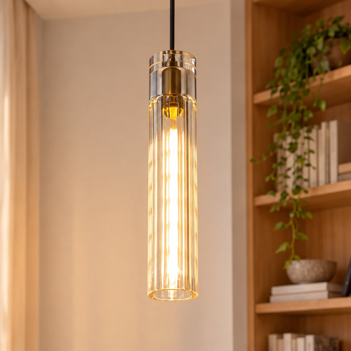 Modern Slim Crystal LED Pendant Light – Copper Cylindrical 3000K Design
