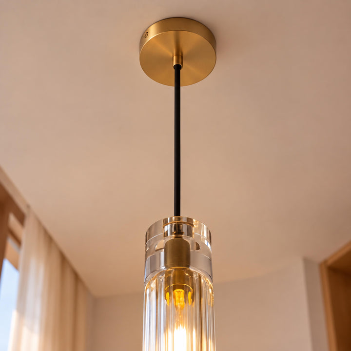 Modern Slim Crystal LED Pendant Light – Copper Cylindrical 3000K Design