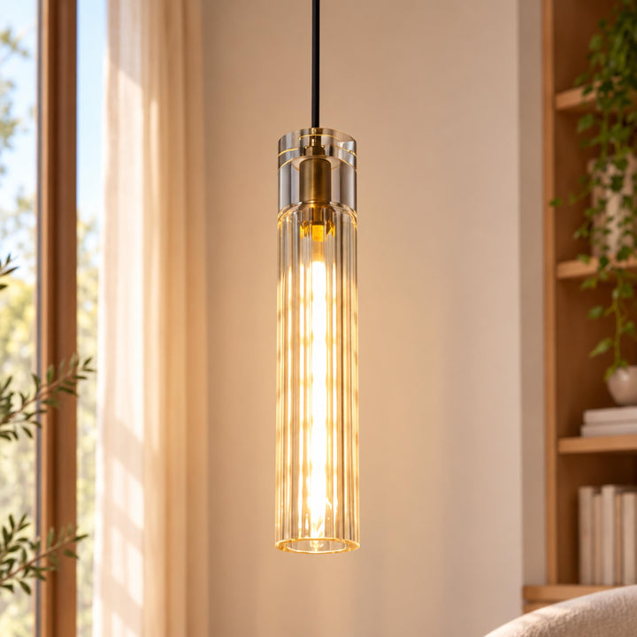 Modern Slim Crystal LED Pendant Light – Copper Cylindrical 3000K Design