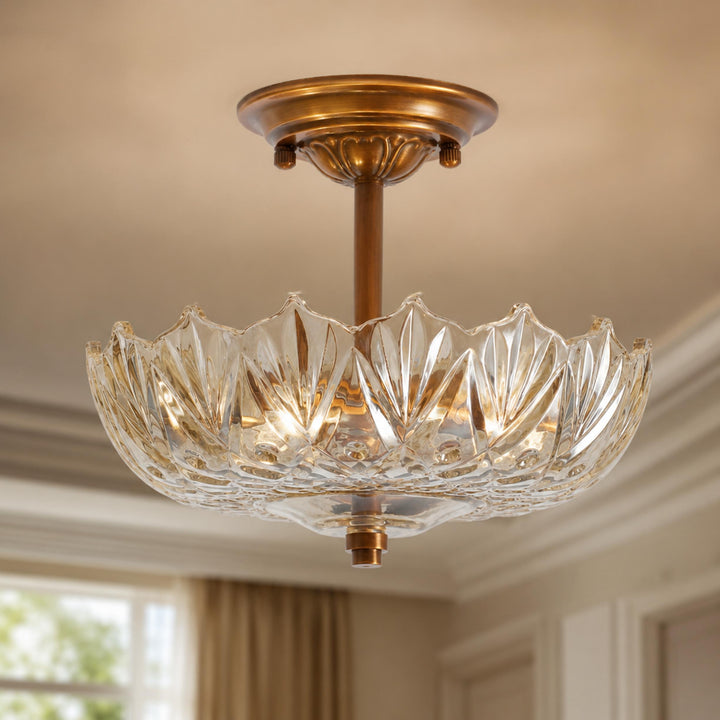 Vintage Brass & Amber Patterned Glass 3-Light Semi-Flush Mount Ceiling Light