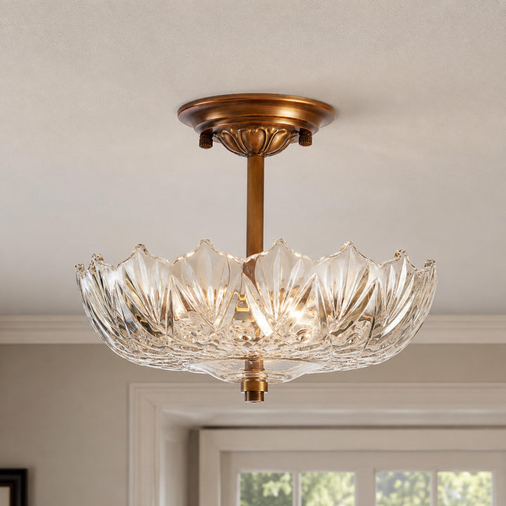 Vintage Brass & Amber Patterned Glass 3-Light Semi-Flush Mount Ceiling Light