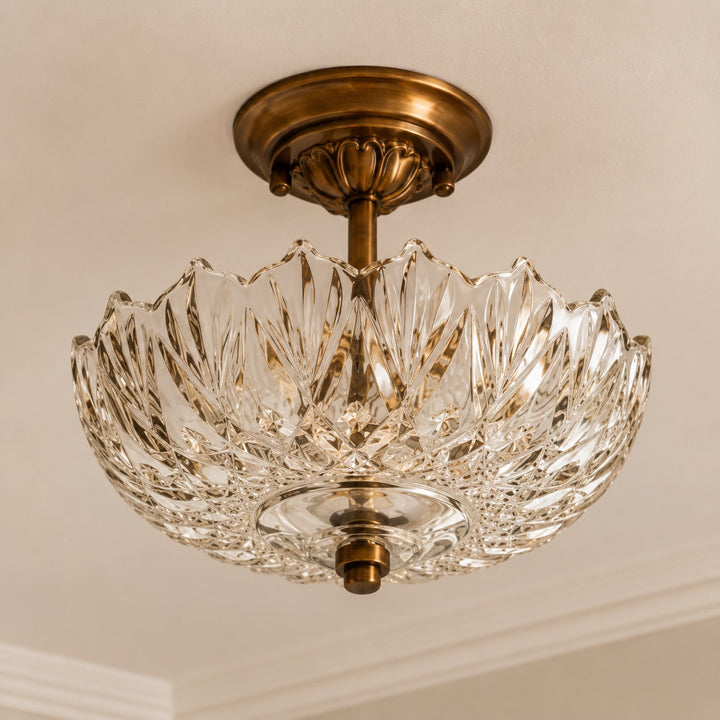 Vintage Brass & Amber Patterned Glass 3-Light Semi-Flush Mount Ceiling Light