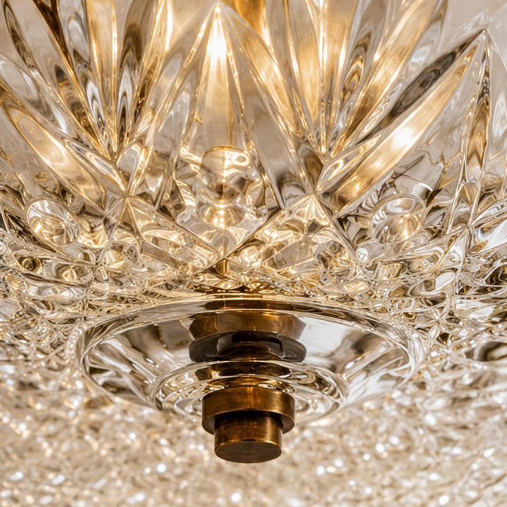 Vintage Brass & Amber Patterned Glass 3-Light Semi-Flush Mount Ceiling Light
