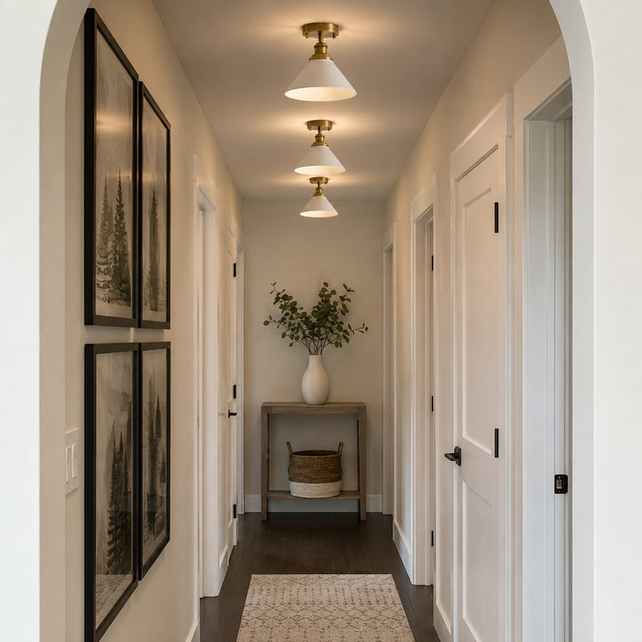 Vintage Brass & White Ceramic Semi-Flush Mount Ceiling Light
