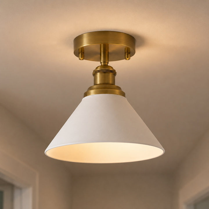 Vintage Brass & White Ceramic Semi-Flush Mount Ceiling Light