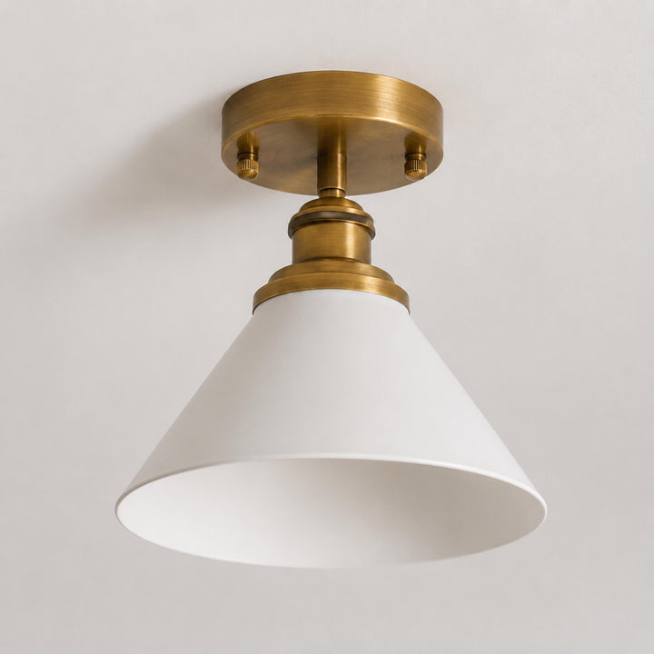 Vintage Brass & White Ceramic Semi-Flush Mount Ceiling Light