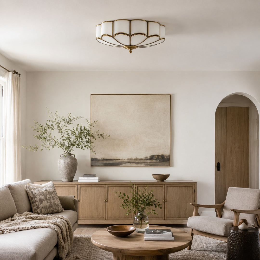 Flower-Shaped Opal Glass & Brass Semi-Flush Mount Ceiling Light