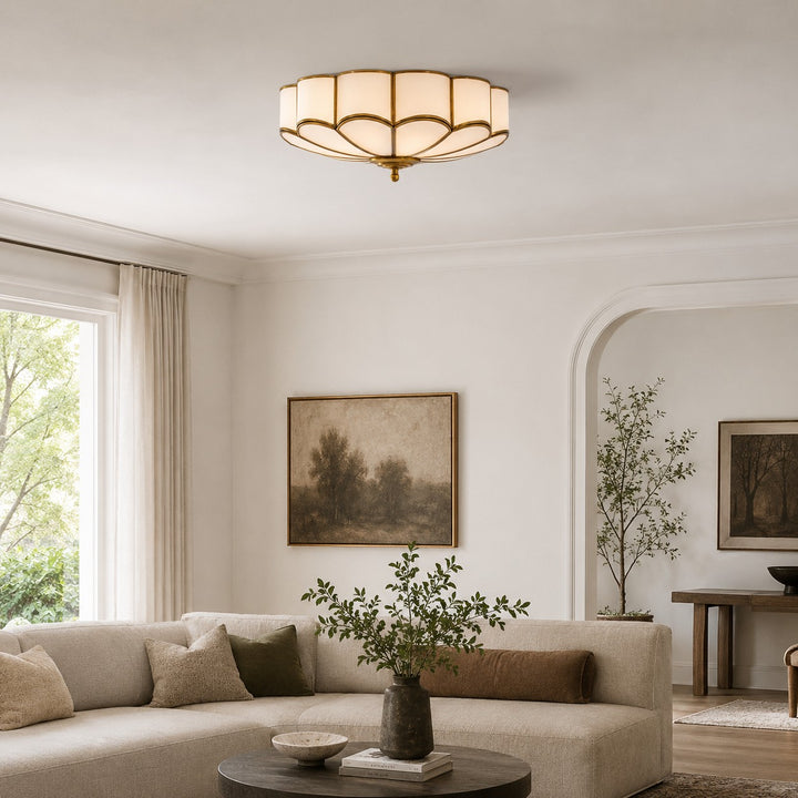 Flower-Shaped Opal Glass & Brass Semi-Flush Mount Ceiling Light