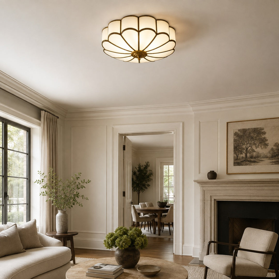 Flower-Shaped Opal Glass & Brass Semi-Flush Mount Ceiling Light