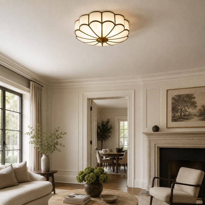 Flower-Shaped Opal Glass & Brass Semi-Flush Mount Ceiling Light
