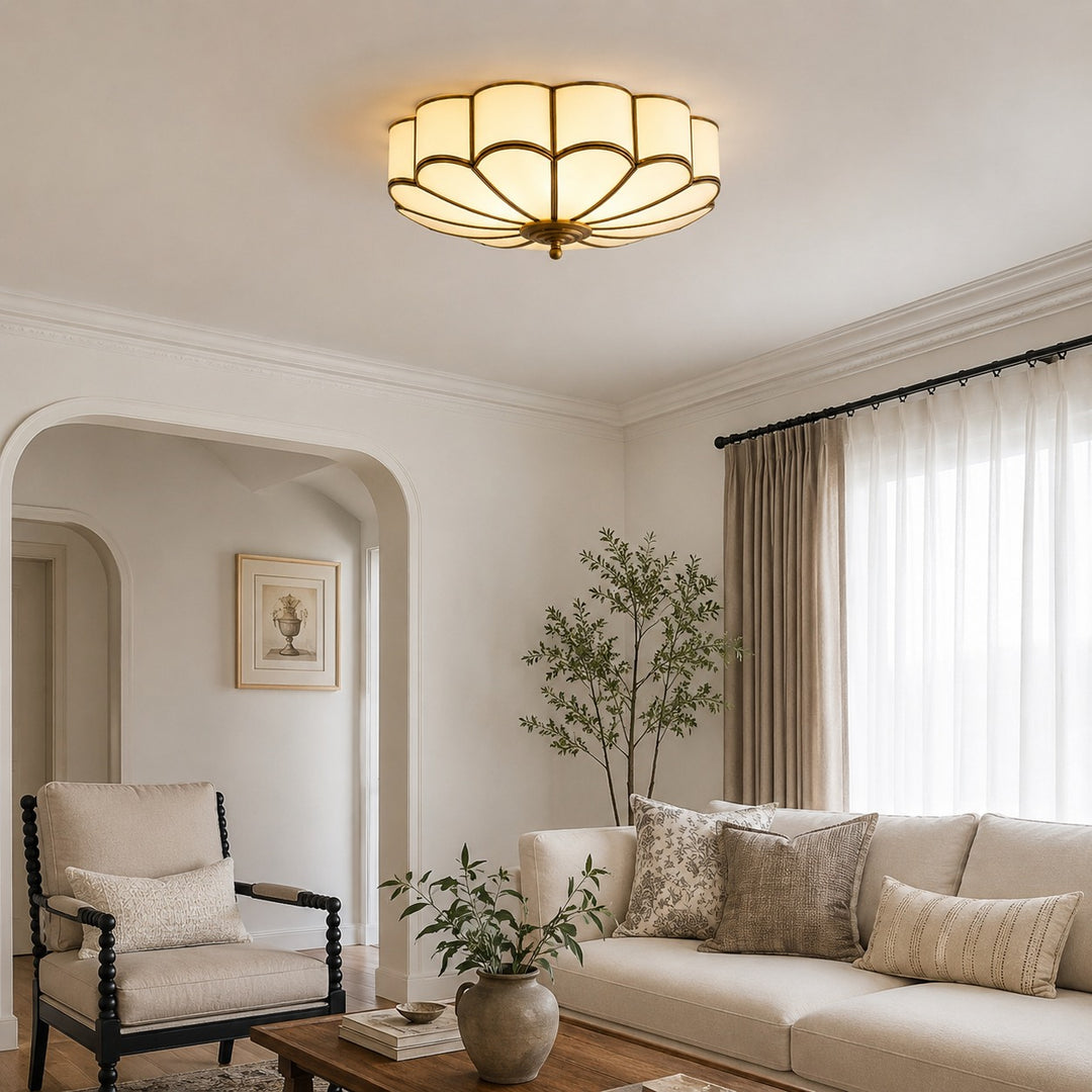 Flower-Shaped Opal Glass & Brass Semi-Flush Mount Ceiling Light