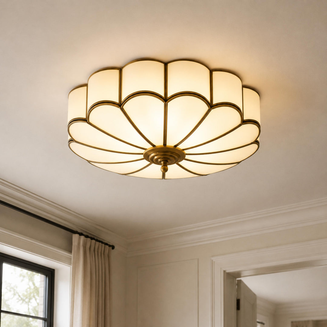 Flower-Shaped Opal Glass & Brass Semi-Flush Mount Ceiling Light