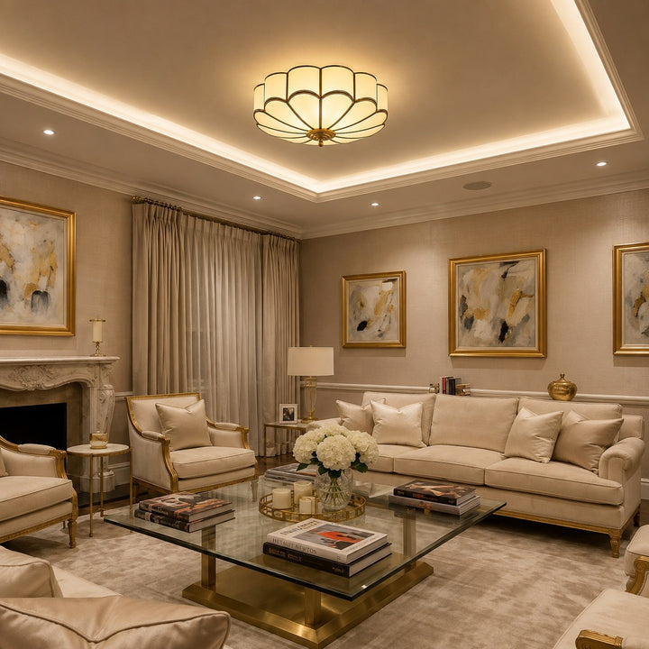 Flower-Shaped Opal Glass & Brass Semi-Flush Mount Ceiling Light
